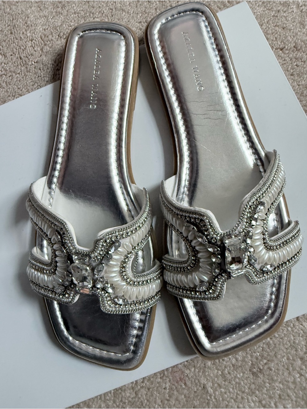 Embellished Silver Slide Sandals - Women